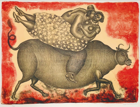 Pareja sobre un toro de lidia