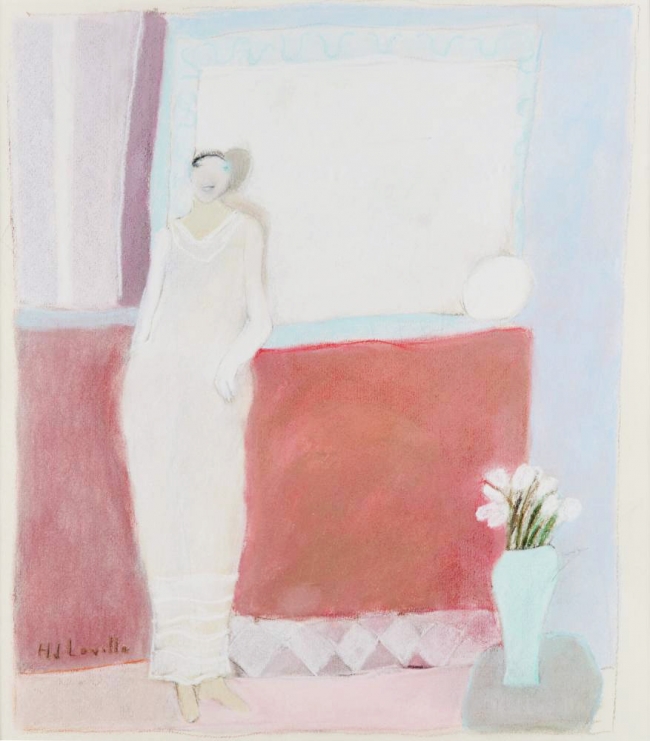 Mujer con vestido largo y florero - Joy Laville